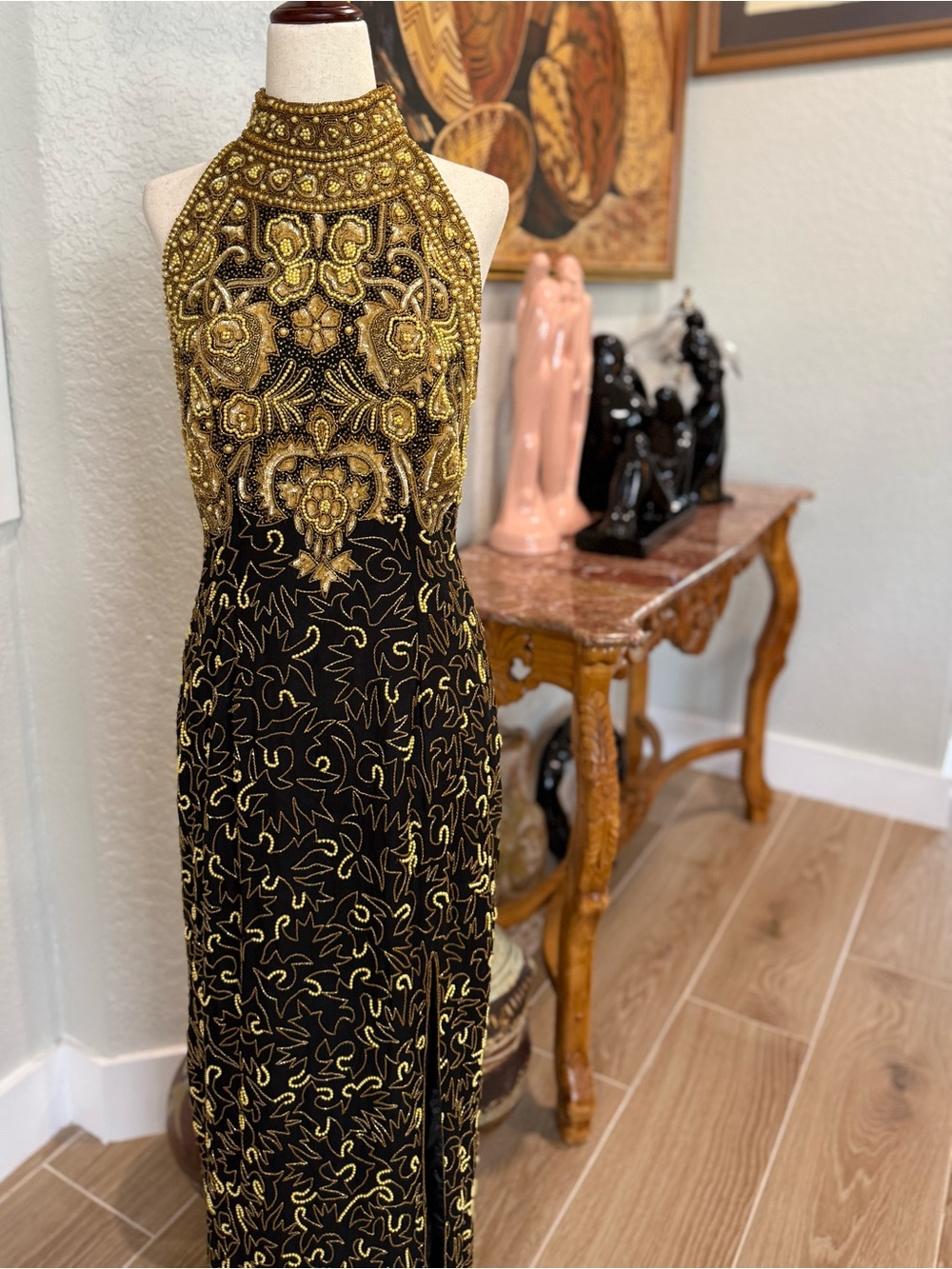 Adrianna Papell Black and Gold One-Shoulder Beaded Evening Gown